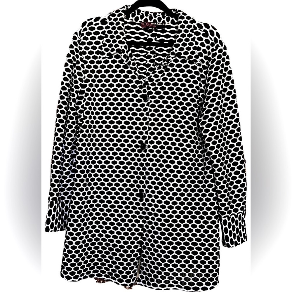 PECK & PECK Black/White Pattern Long Length Button Jacket, Size XL, GUC.